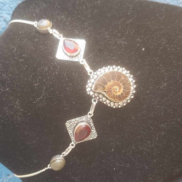 Ammonite Fossil, Labradorite and Faceted Garnet 925 Silver Necklace. - Picture 8 of 10